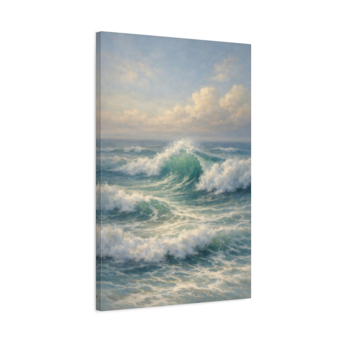Side Mockup 2. Nature Ocean Waves Blue And Green shown as stretched canvas wall art