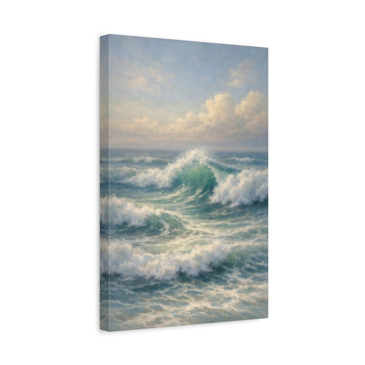 Side Mockup 4. Nature Ocean Waves Blue And Green shown as stretched canvas wall art