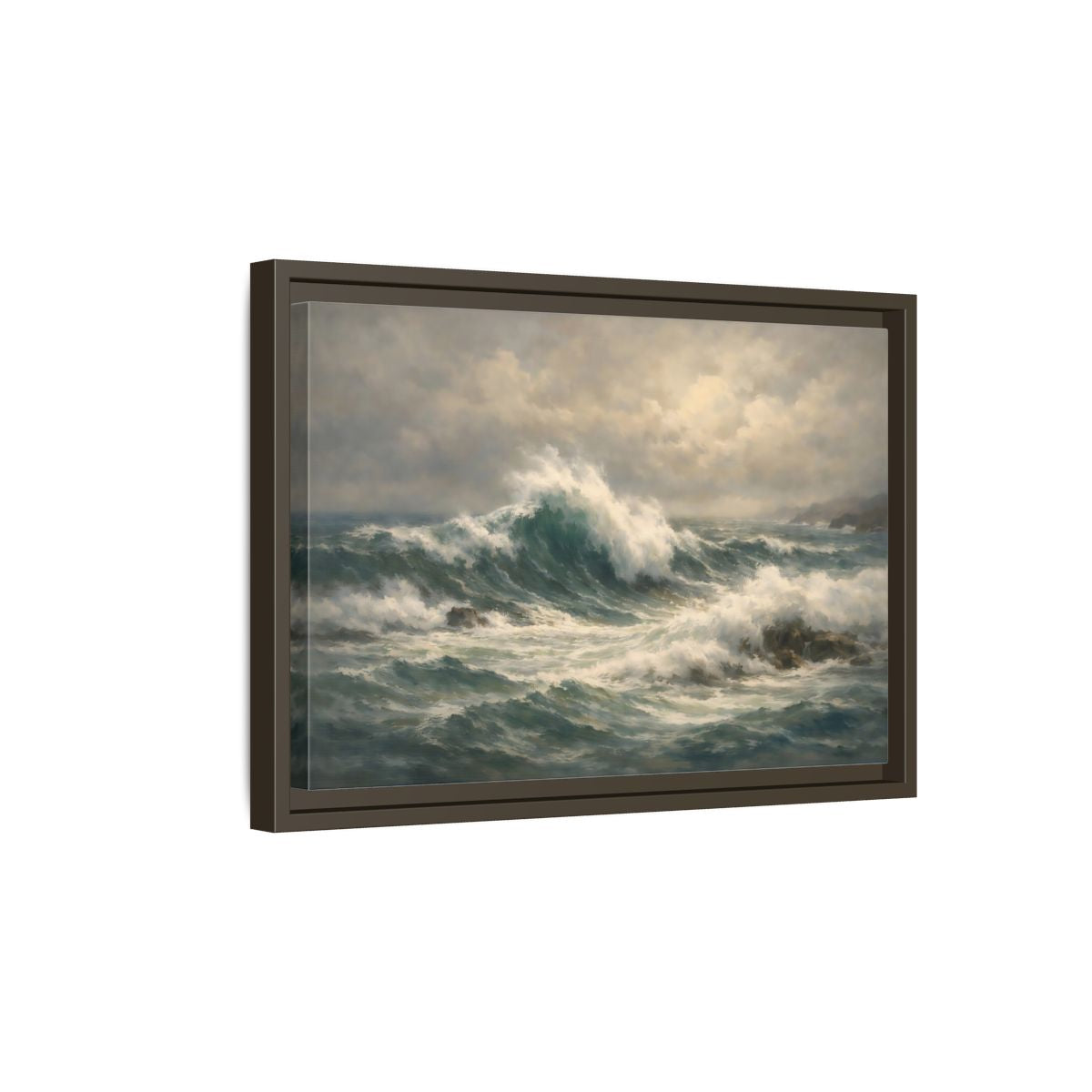 Side Mockup 5. Nature Ocean Waves Blue And Green shown as stretched canvas wall art