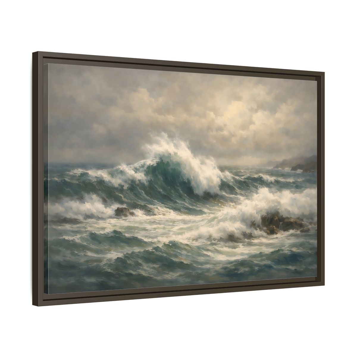 Side Mockup 11. Nature Ocean Waves Blue And Green shown as stretched canvas wall art