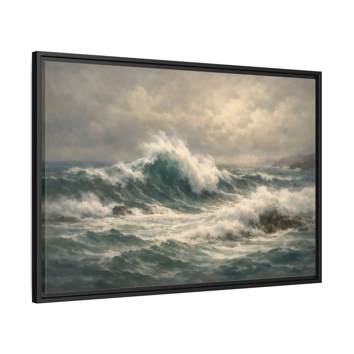 Side Mockup 13. Nature Ocean Waves Blue And Green shown as stretched canvas wall art