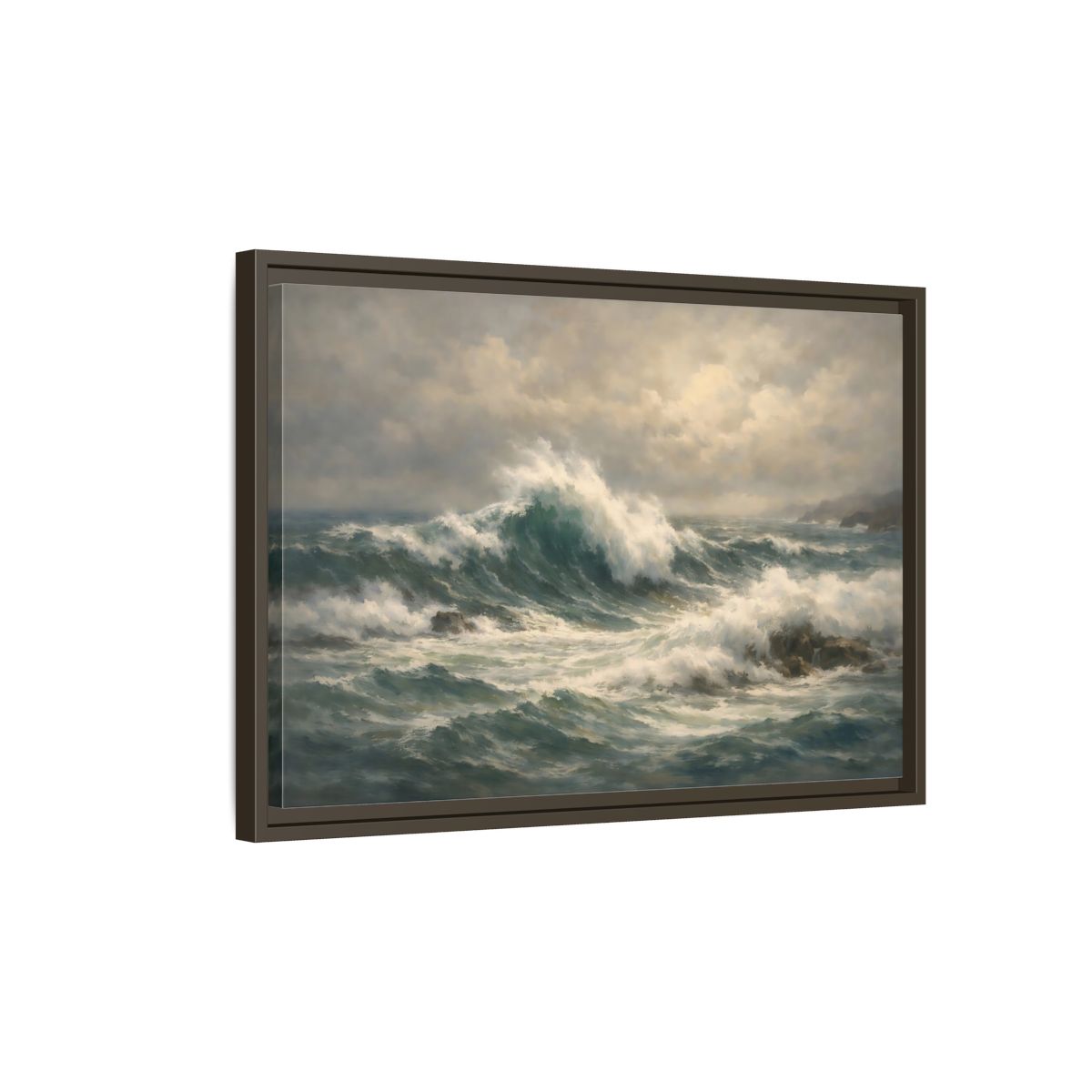 Side Mockup 2. Nature Ocean Waves Blue And Green shown as stretched canvas wall art