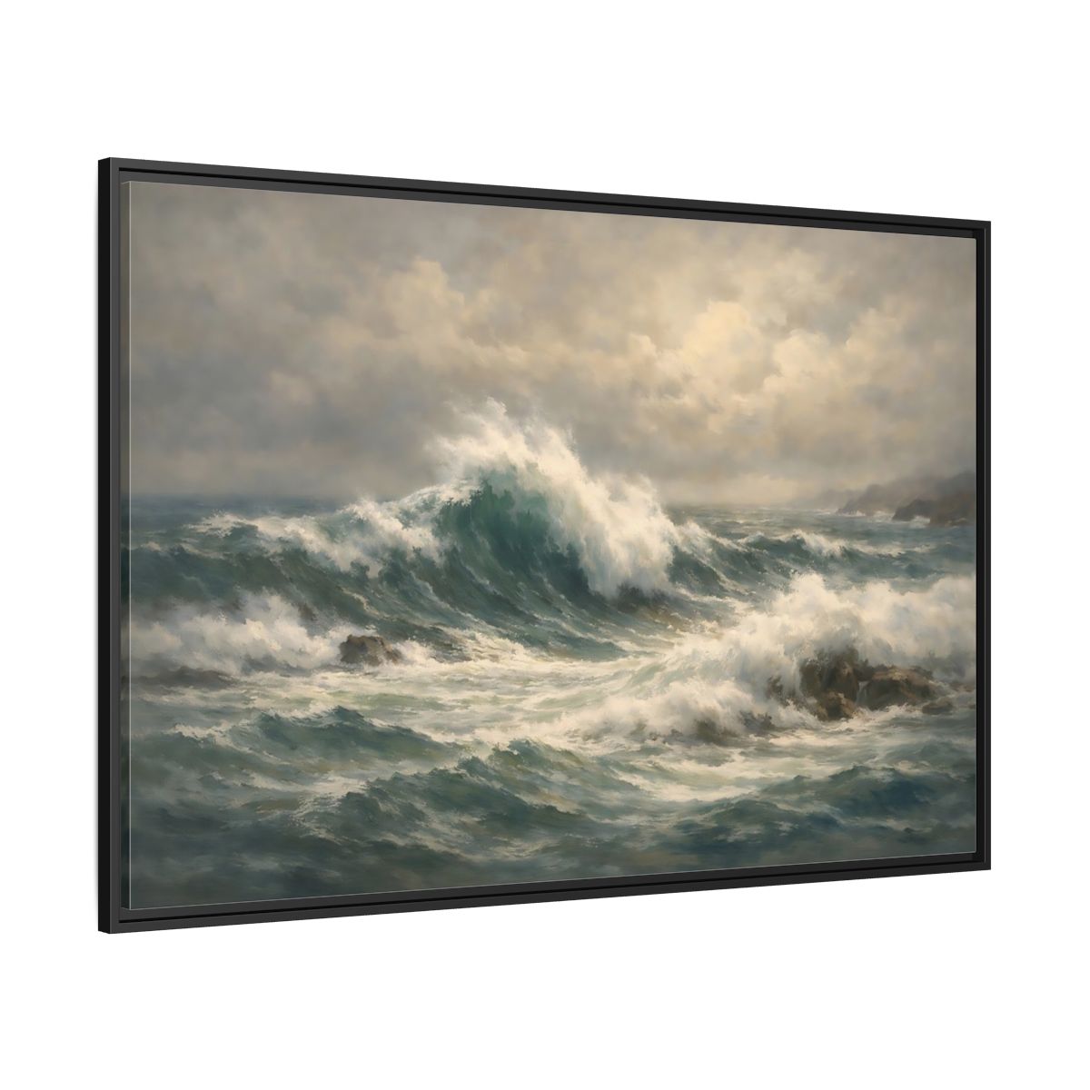 Side Mockup 12. Nature Ocean Waves Blue And Green shown as stretched canvas wall art