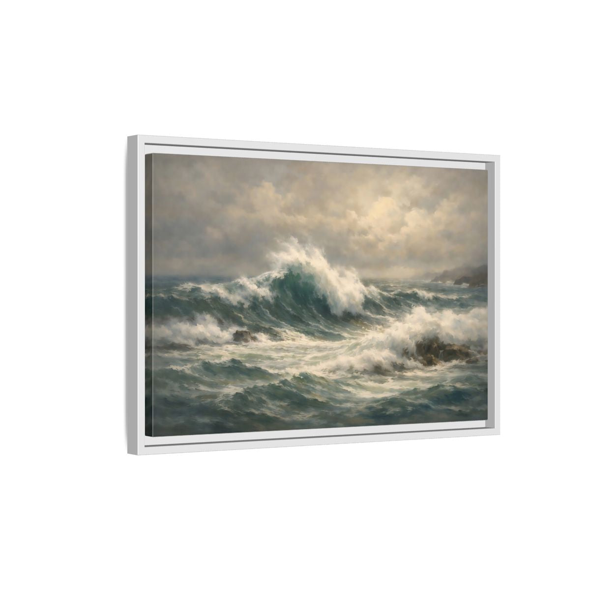 Side Mockup 1. Nature Ocean Waves Blue And Green shown as stretched canvas wall art