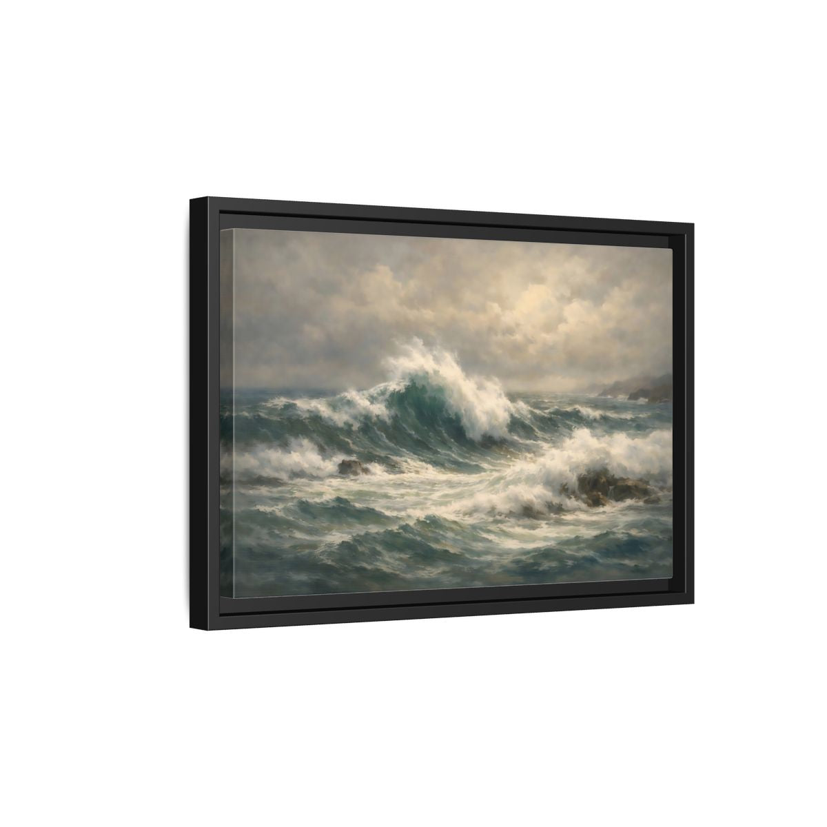 Side Mockup 6. Nature Ocean Waves Blue And Green shown as stretched canvas wall art
