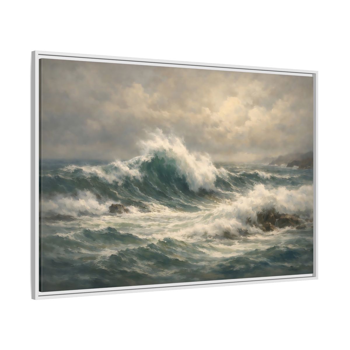 Side Mockup 7. Nature Ocean Waves Blue And Green shown as stretched canvas wall art