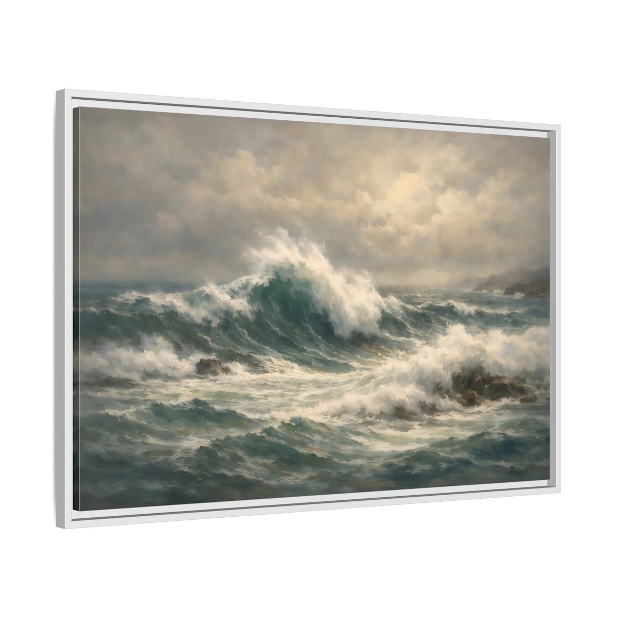 Side Mockup 8. Nature Ocean Waves Blue And Green shown as stretched canvas wall art