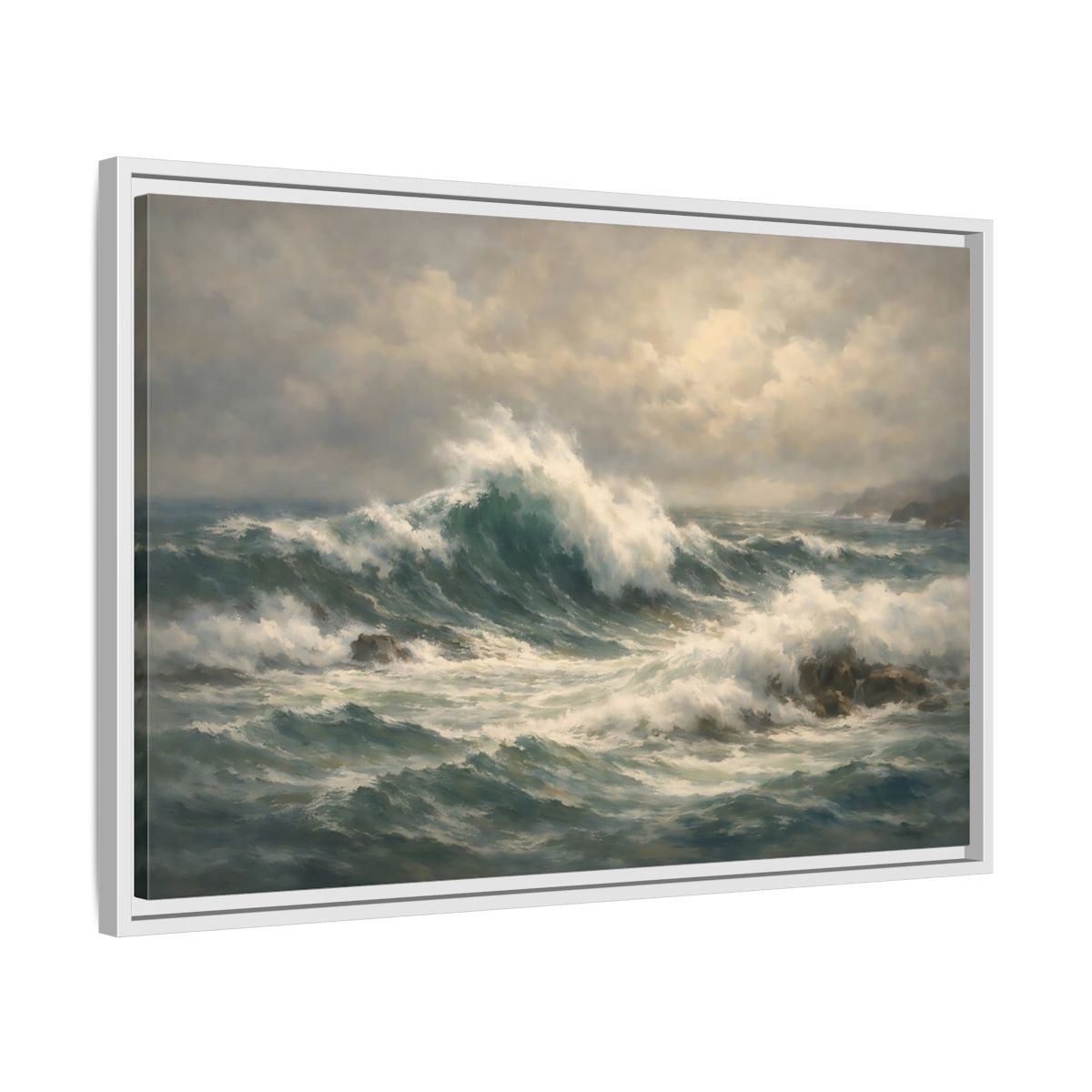 Side Mockup 10. Nature Ocean Waves Blue And Green shown as stretched canvas wall art
