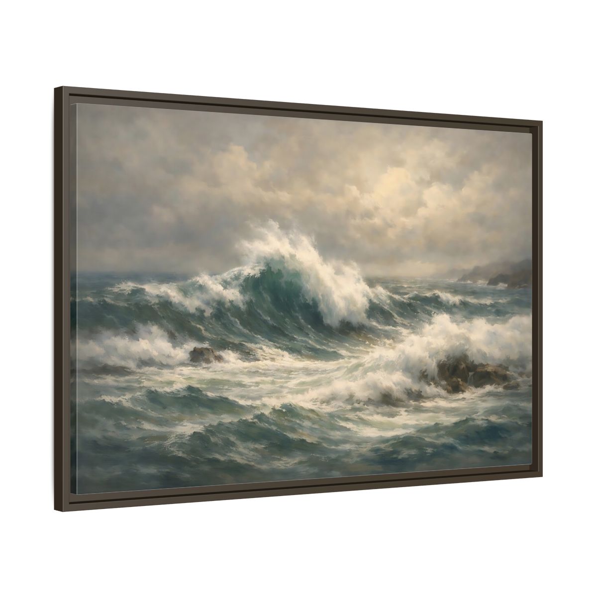 Side Mockup 9. Nature Ocean Waves Blue And Green shown as stretched canvas wall art
