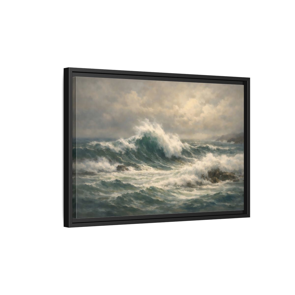 Side Mockup 3. Nature Ocean Waves Blue And Green shown as stretched canvas wall art