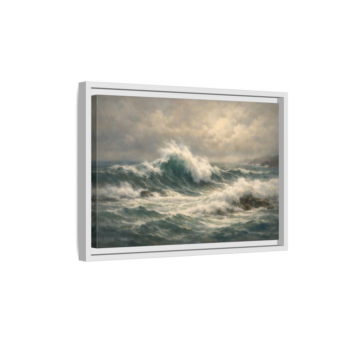Side Mockup 4. Nature Ocean Waves Blue And Green shown as stretched canvas wall art