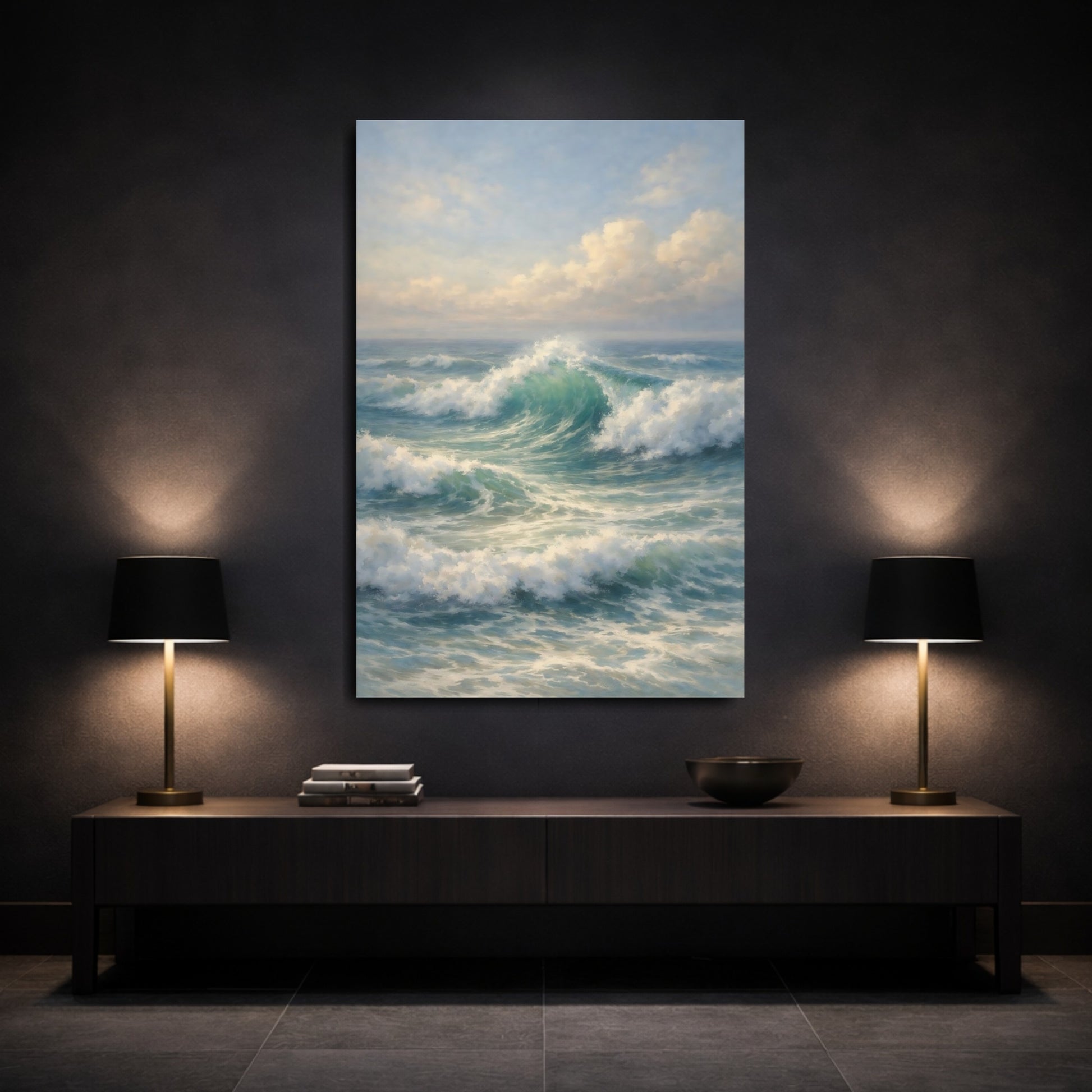 Mockup 2. Nature Ocean Waves Blue And Green shown as stretched canvas wall art