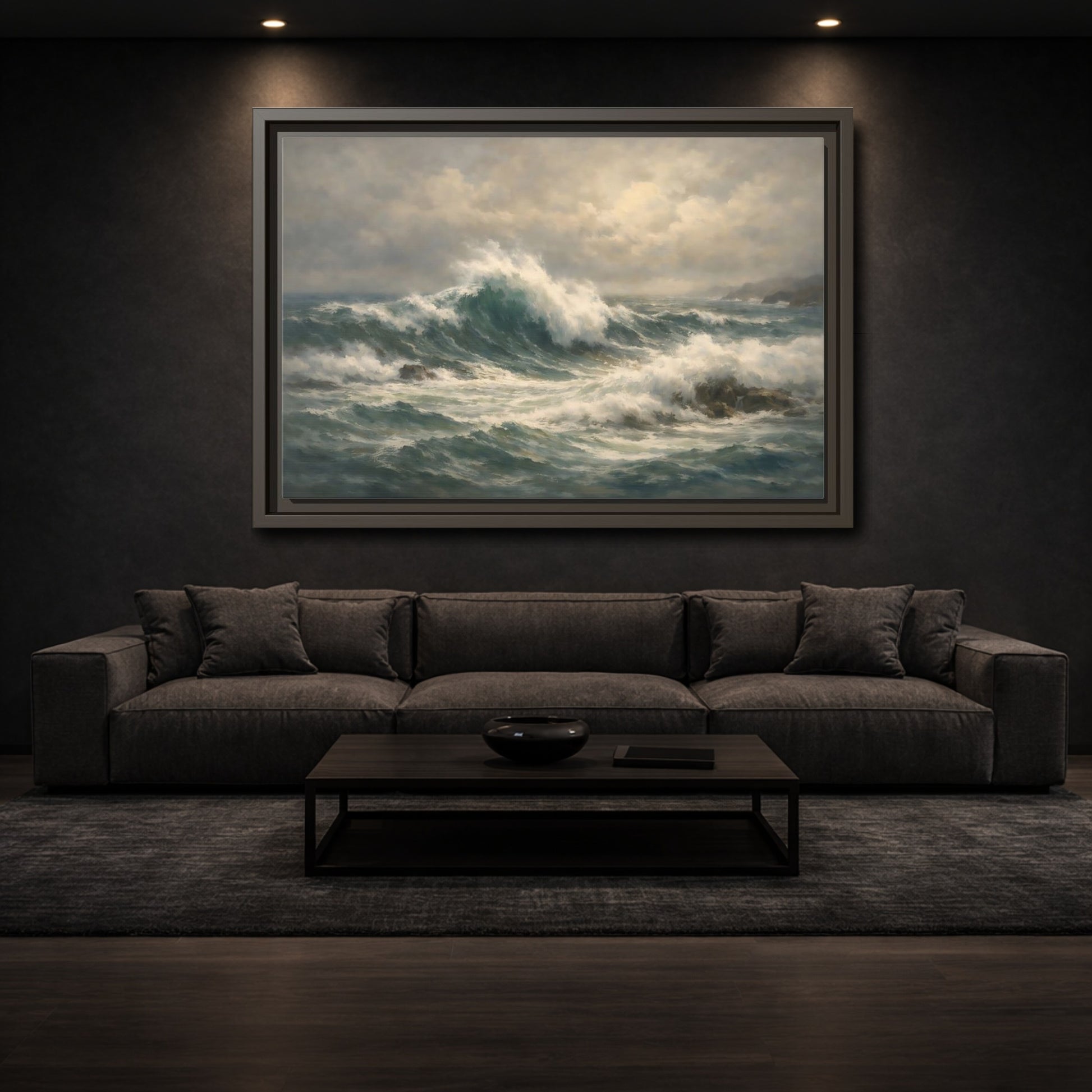 Mockup 2. Nature Ocean Waves Blue And Green shown as stretched canvas wall art