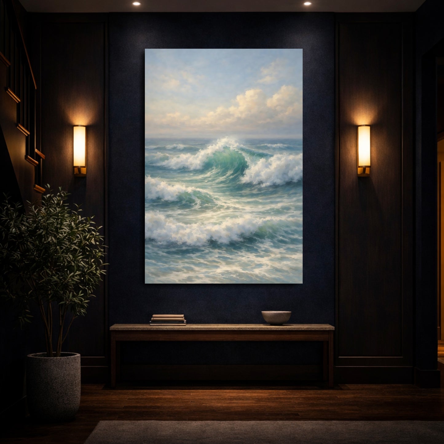 Mockup 3. Nature Ocean Waves Blue And Green shown as stretched canvas wall art
