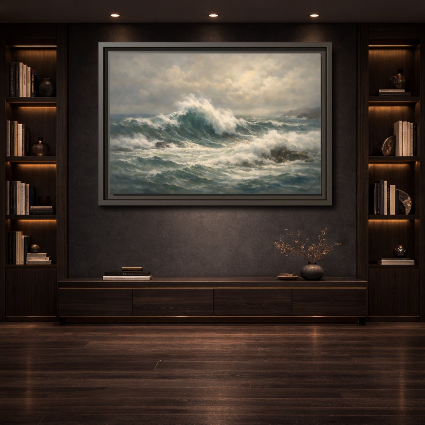 Mockup 3. Nature Ocean Waves Blue And Green shown as stretched canvas wall art