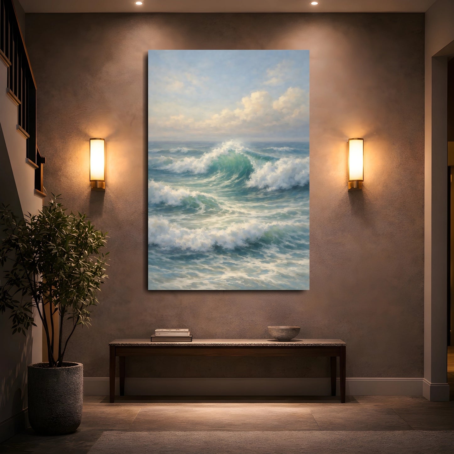 Mockup 4. Nature Ocean Waves Blue And Green shown as stretched canvas wall art
