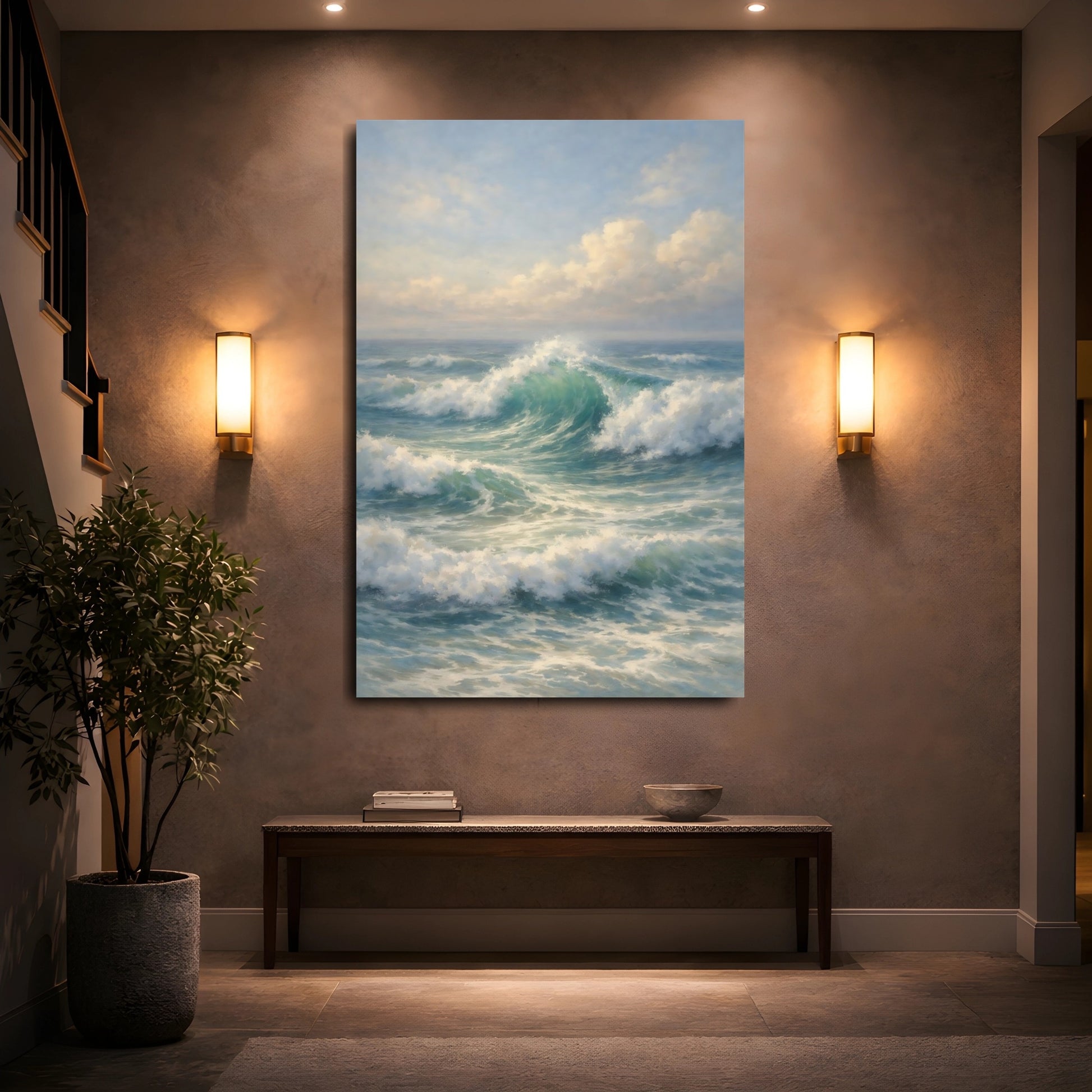 Mockup 4. Nature Ocean Waves Blue And Green shown as stretched canvas wall art