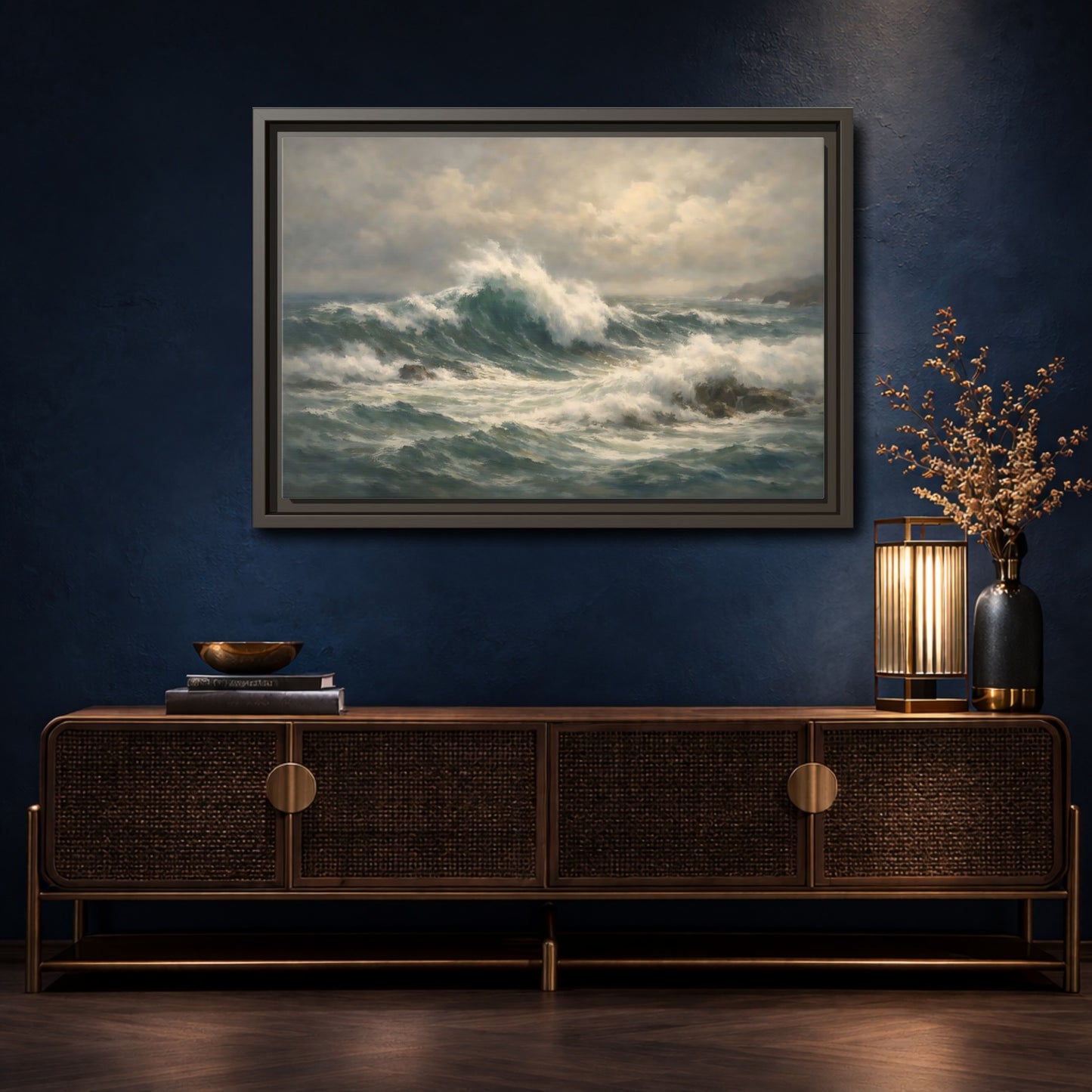 Mockup 4. Nature Ocean Waves Blue And Green shown as stretched canvas wall art