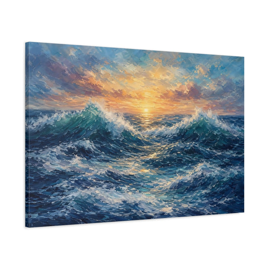 Main Mockup. Nature Ocean Waves Blue And Orange shown as stretched canvas wall art