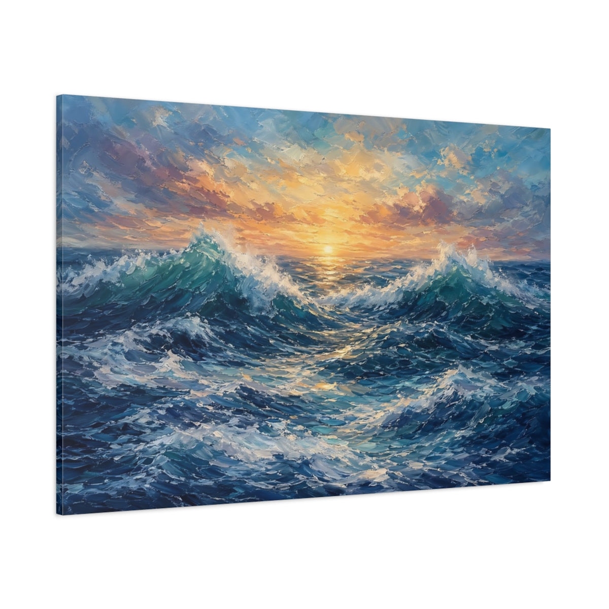 Side Mockup 1. Nature Ocean Waves Blue And Orange shown as stretched canvas wall art