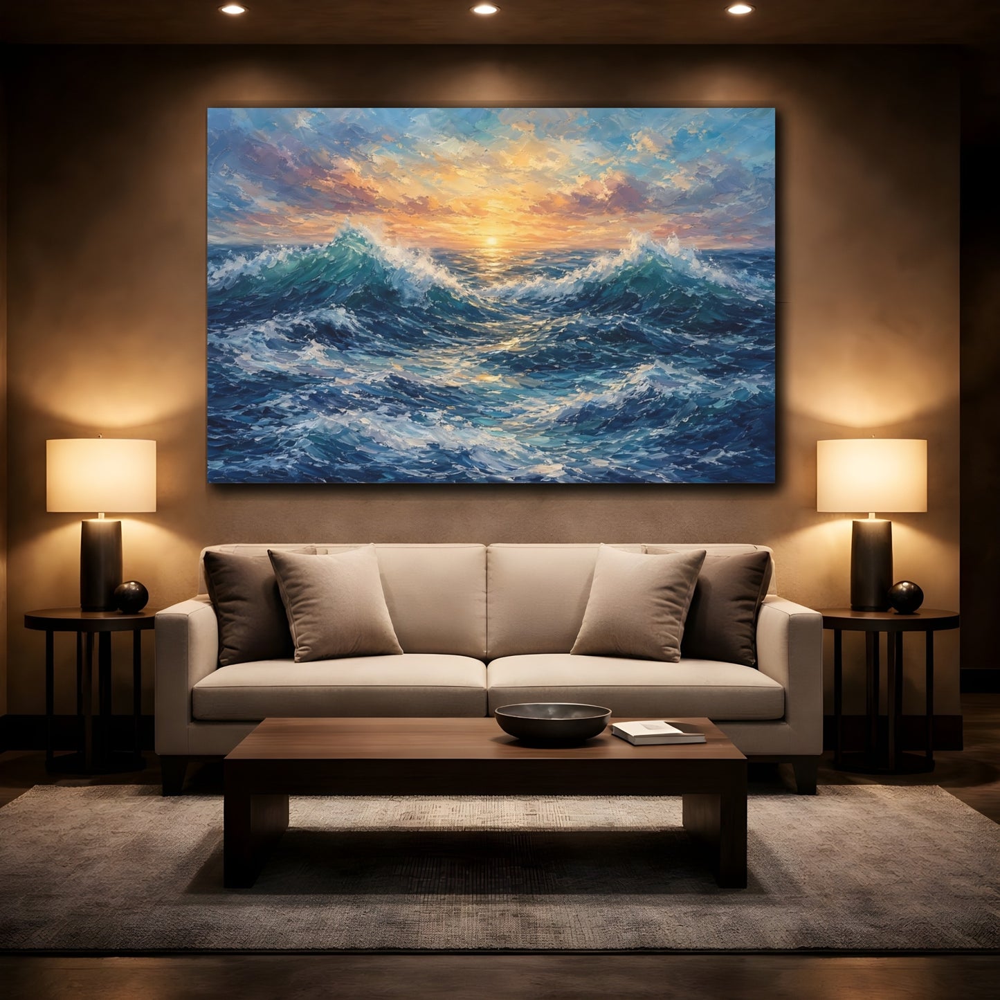 Mockup 2. Nature Ocean Waves Blue And Orange shown as stretched canvas wall art