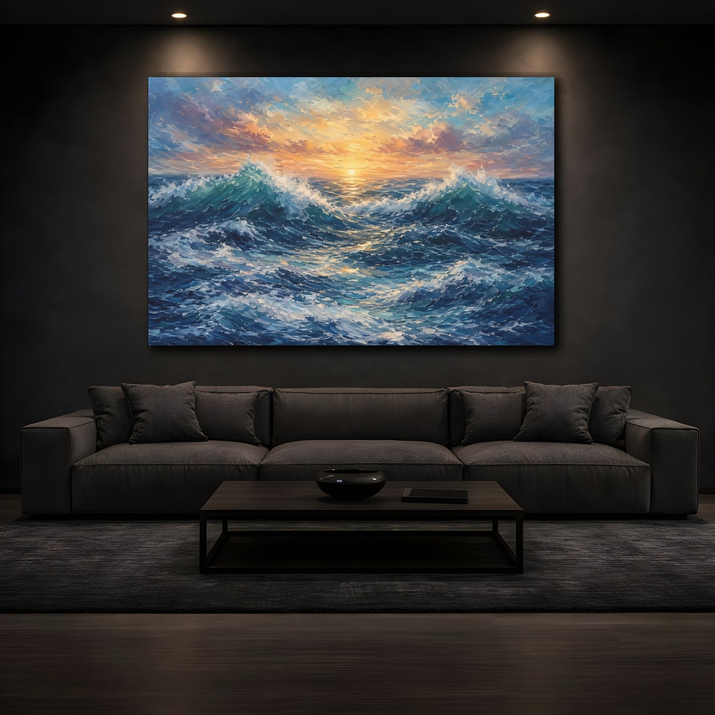 Mockup 3. Nature Ocean Waves Blue And Orange shown as stretched canvas wall art