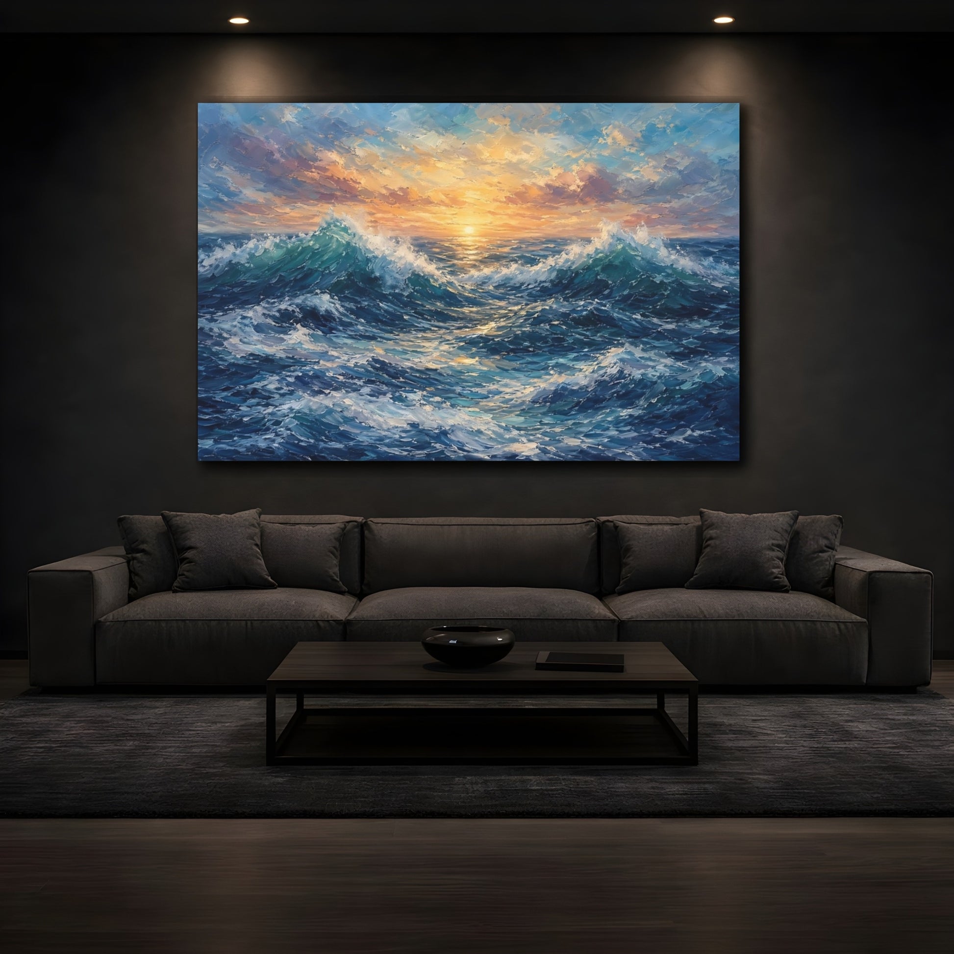 Mockup 3. Nature Ocean Waves Blue And Orange shown as stretched canvas wall art