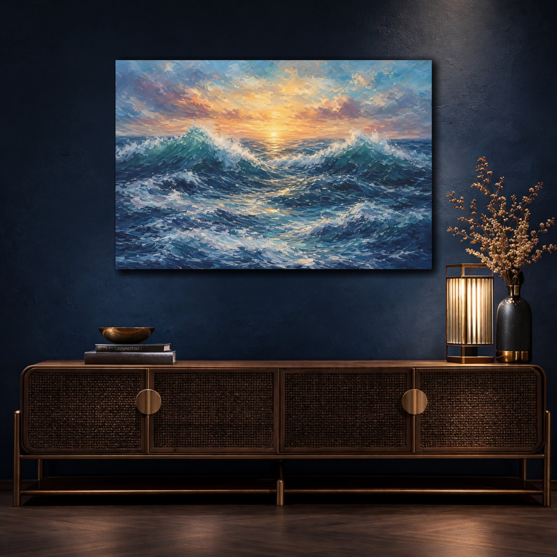 Mockup 4. Nature Ocean Waves Blue And Orange shown as stretched canvas wall art