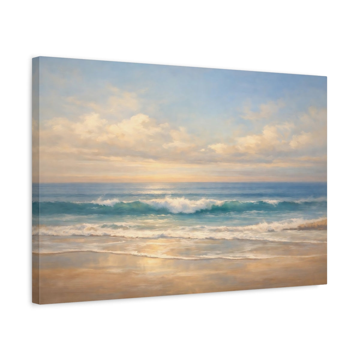 Side Mockup 3. Nature Ocean Waves Blue And Sand shown as stretched canvas wall art