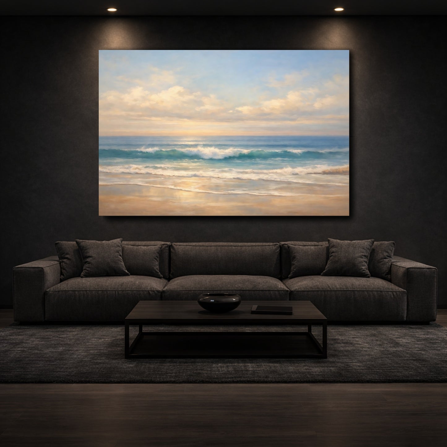 Mockup 2. Nature Ocean Waves Blue And Sand shown as stretched canvas wall art