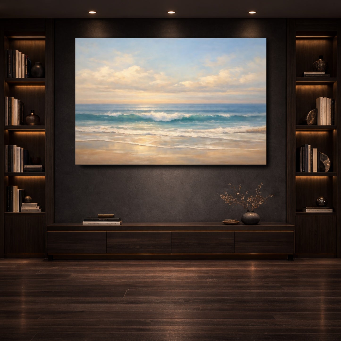 Mockup 3. Nature Ocean Waves Blue And Sand shown as stretched canvas wall art