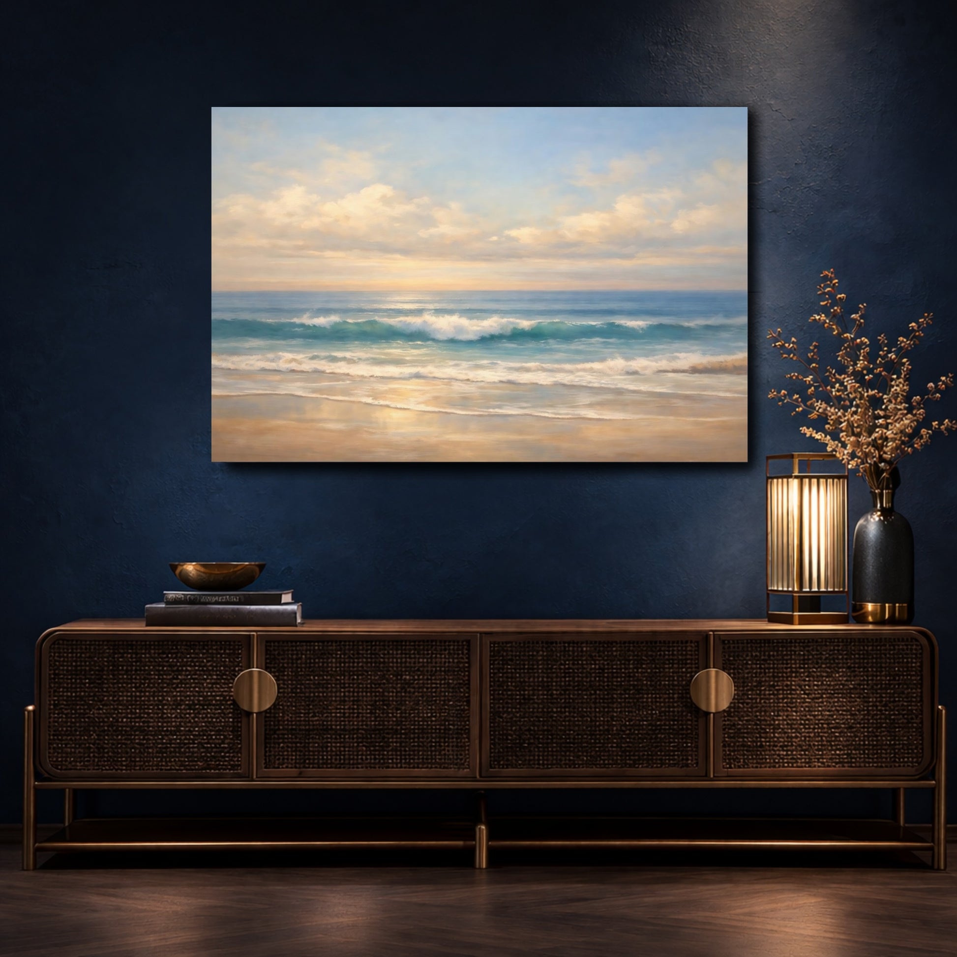 Mockup 4. Nature Ocean Waves Blue And Sand shown as stretched canvas wall art