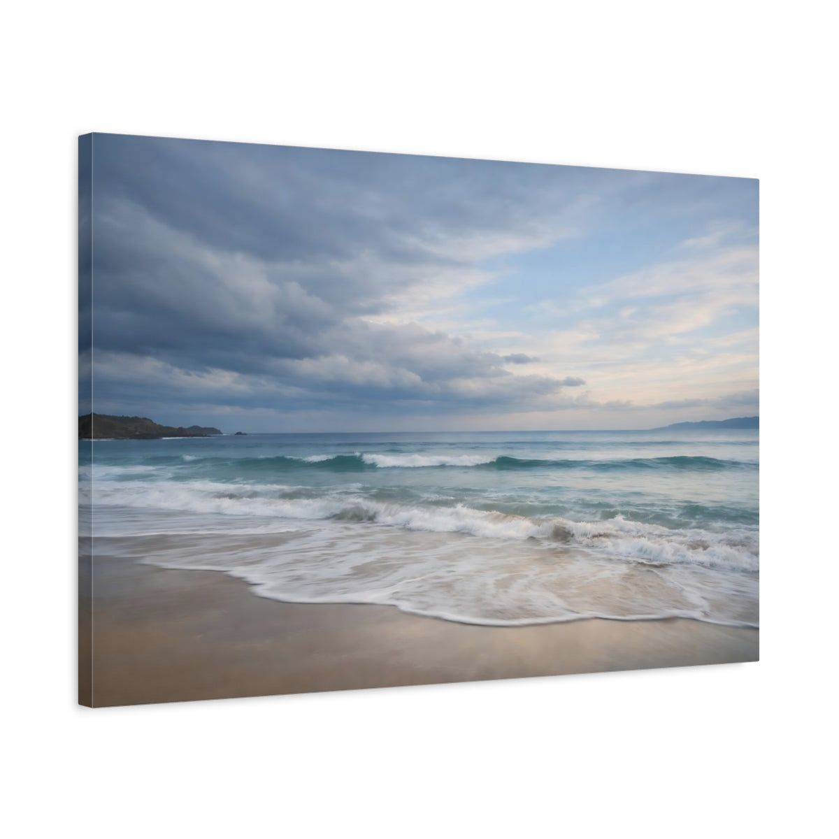 Side Mockup 2. Nature Ocean Waves Blue Ocean Beach shown as stretched canvas wall art