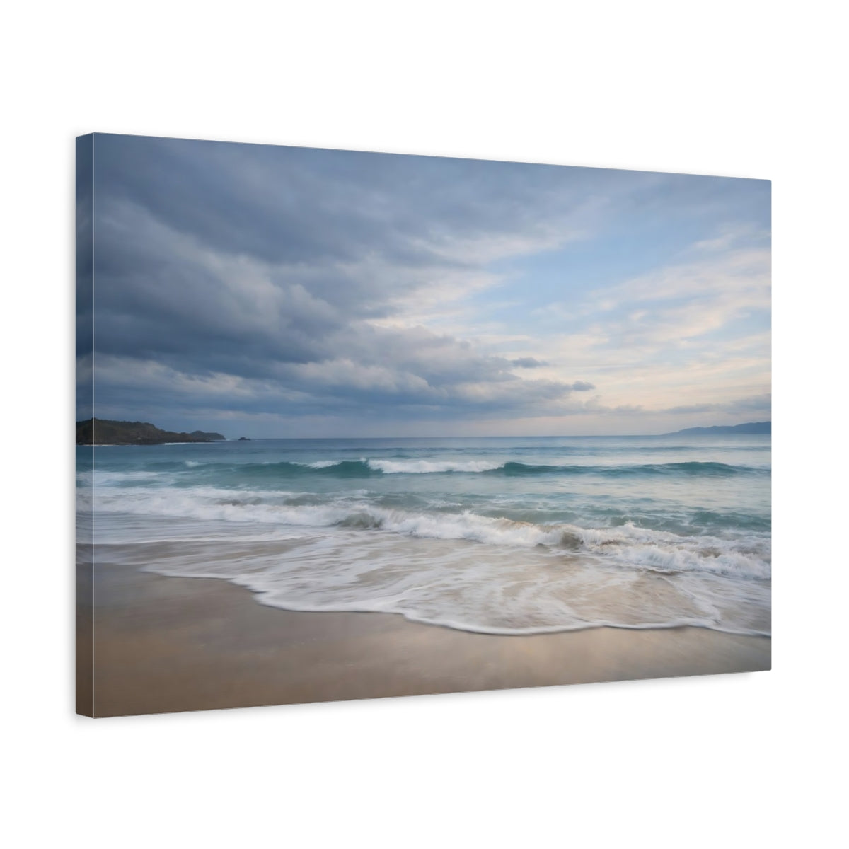 Side Mockup 3. Nature Ocean Waves Blue Ocean Beach shown as stretched canvas wall art