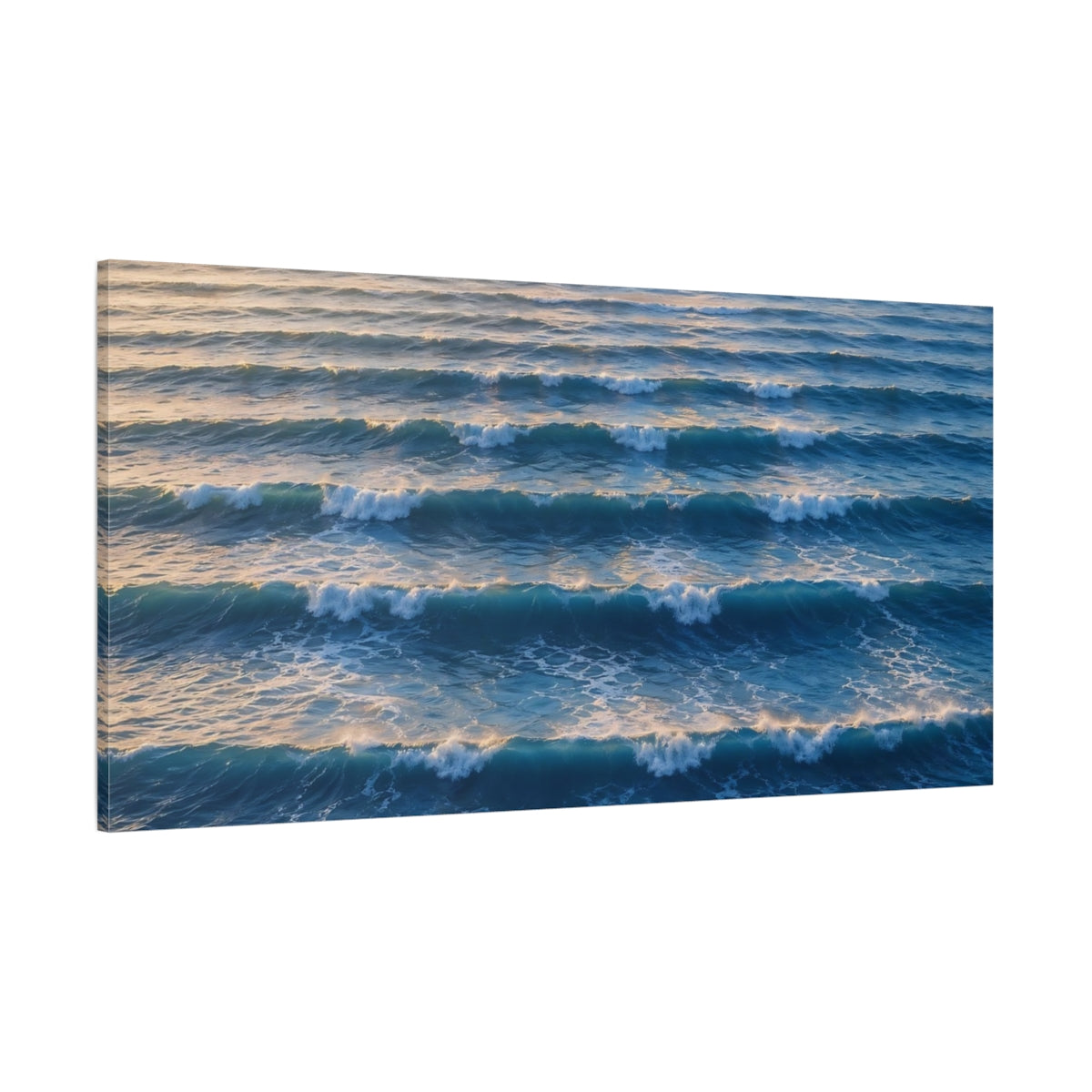 Side Mockup 2. Nature Ocean Waves Blue Ocean Waves shown as stretched canvas wall art