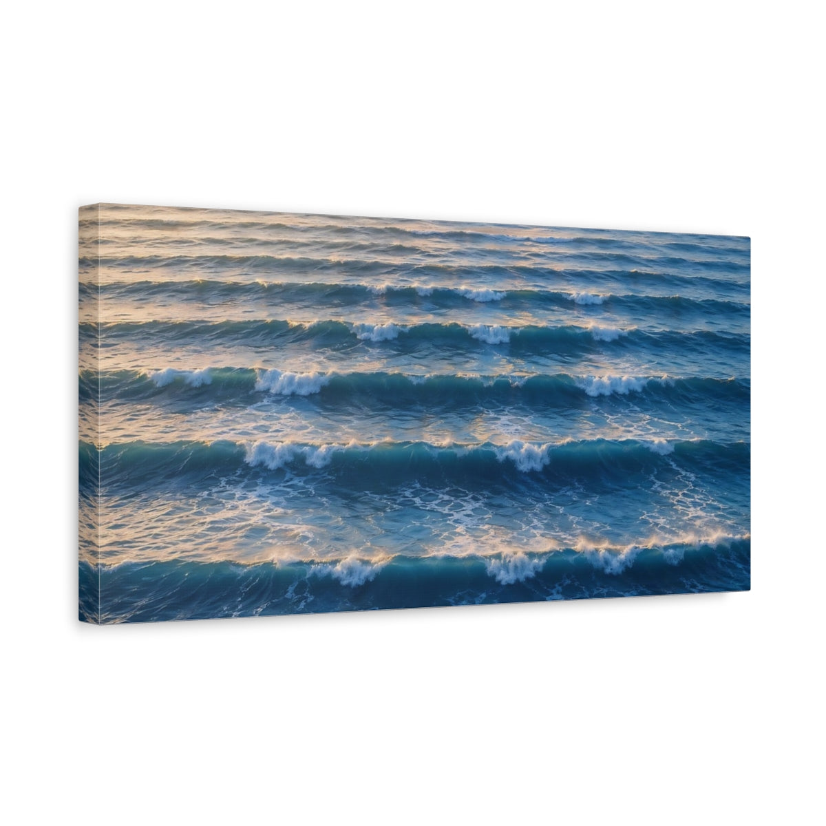 Side Mockup 3. Nature Ocean Waves Blue Ocean Waves shown as stretched canvas wall art