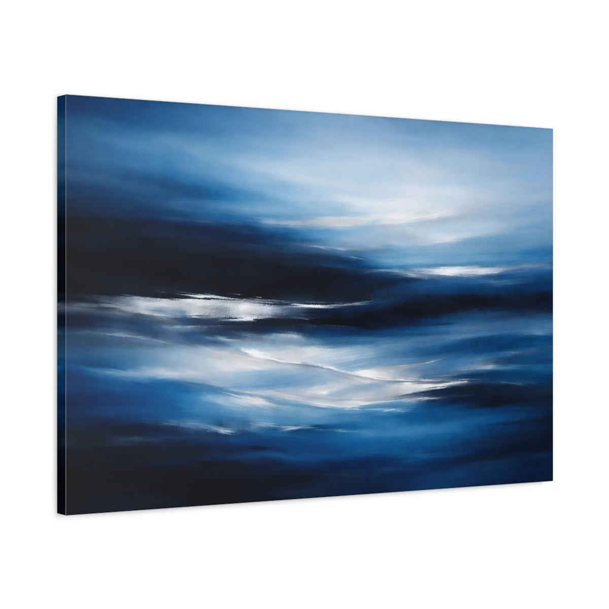 Side Mockup 1. Nature Ocean Waves Blue Waves shown as stretched canvas wall art