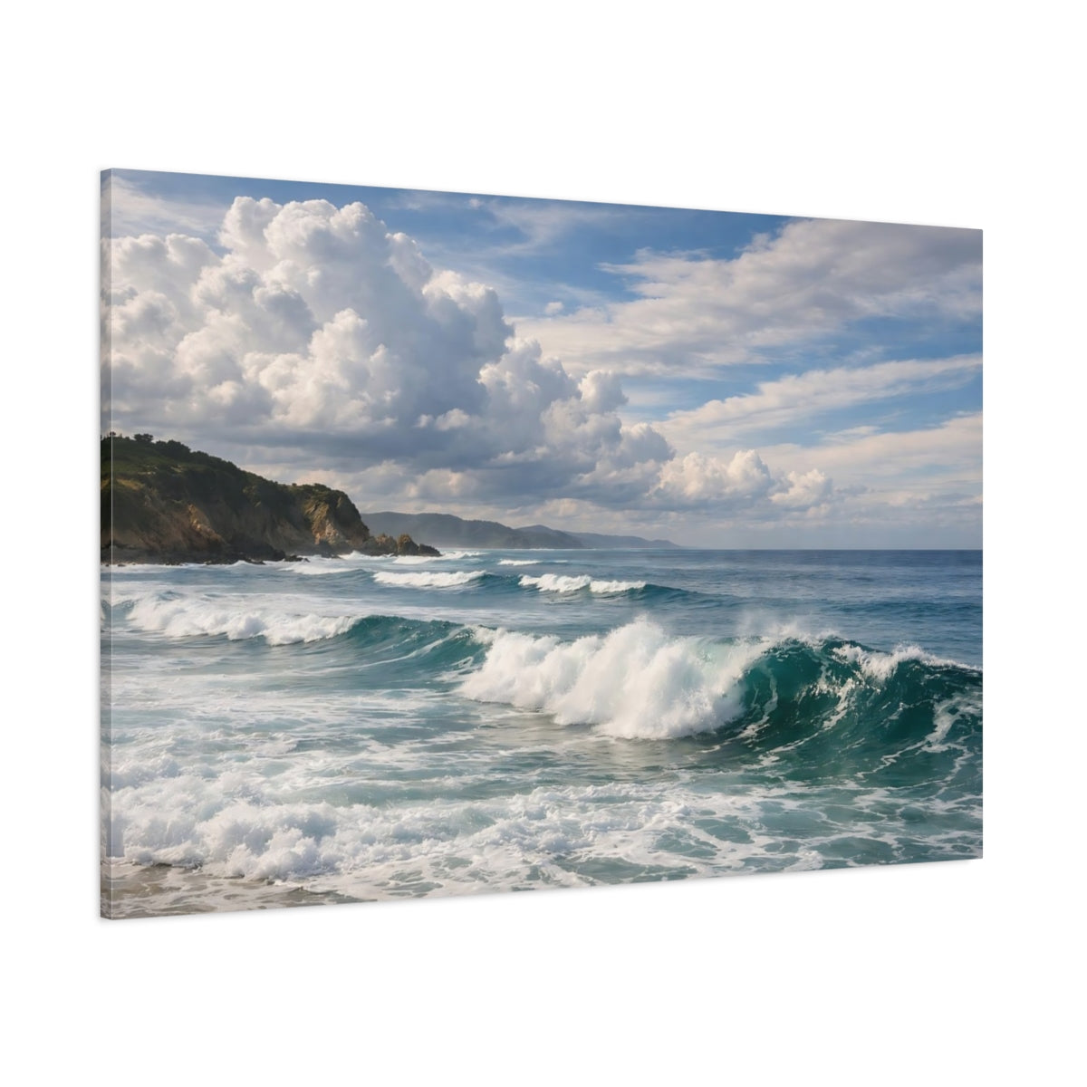 Side Mockup 1. Nature Ocean Waves Blue Ocean shown as stretched canvas wall art