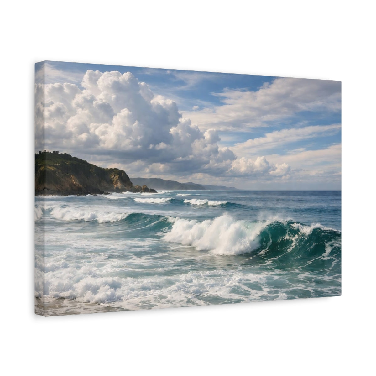 Side Mockup 4. Nature Ocean Waves Blue Ocean shown as stretched canvas wall art