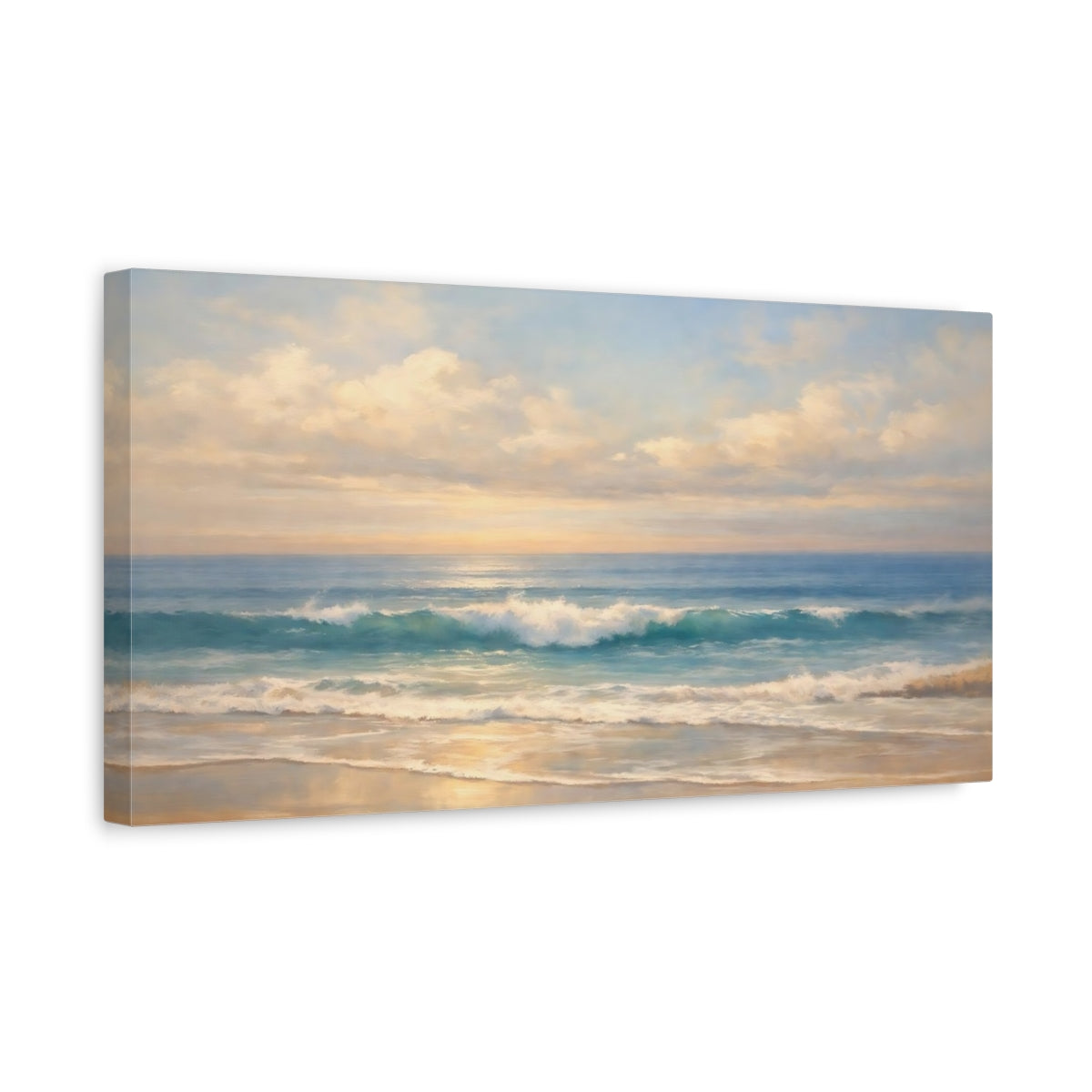 Side Mockup 3. Nature Ocean Waves Blue Gold Ocean shown as stretched canvas wall art