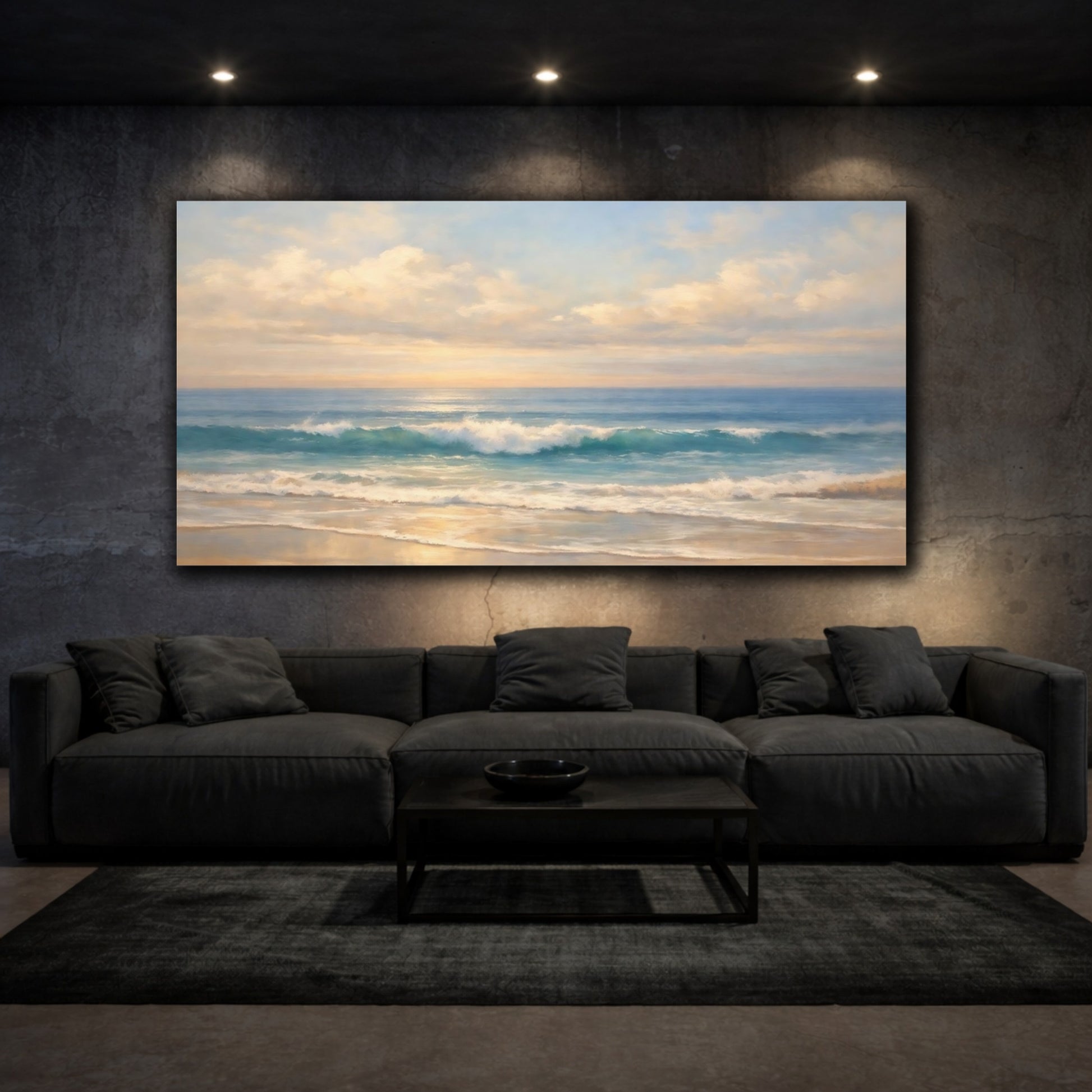 Mockup 2. Nature Ocean Waves Blue Gold Ocean shown as stretched canvas wall art