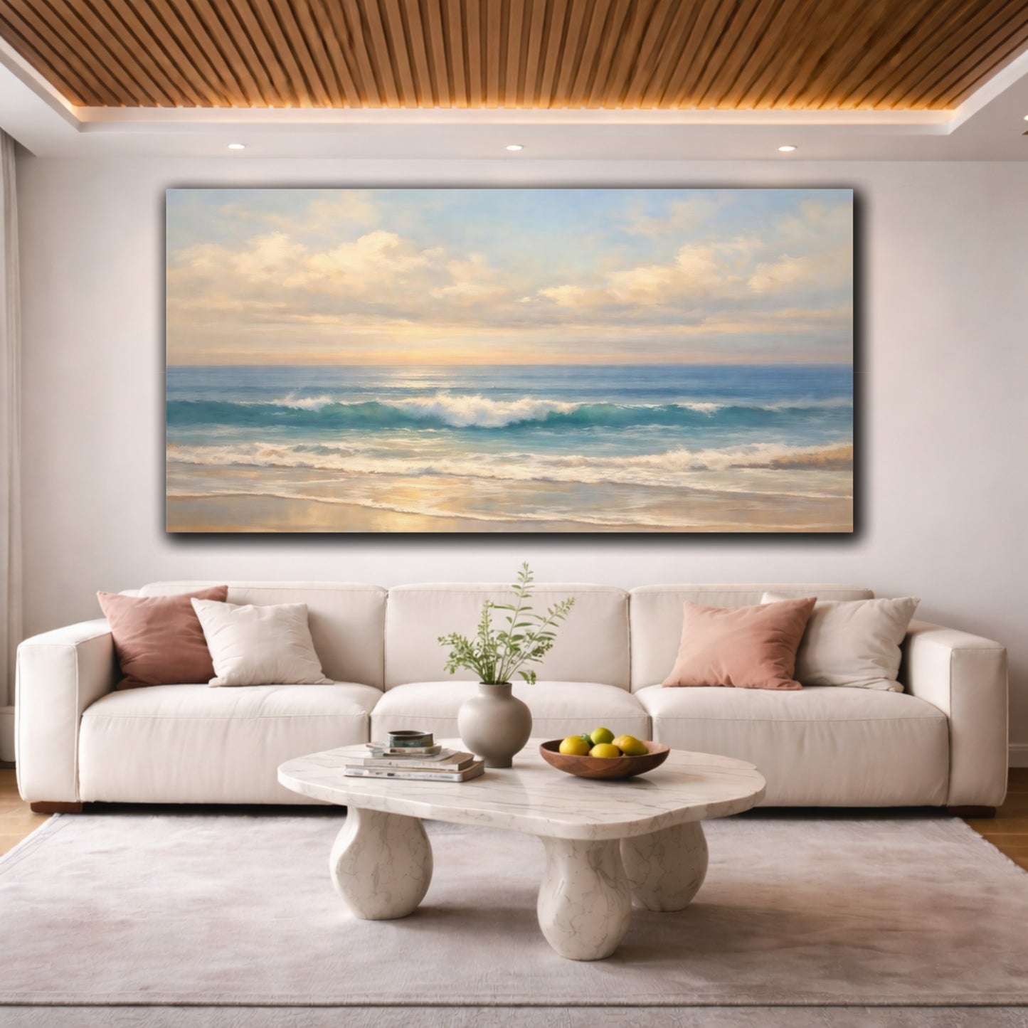 Mockup 3. Nature Ocean Waves Blue Gold Ocean shown as stretched canvas wall art