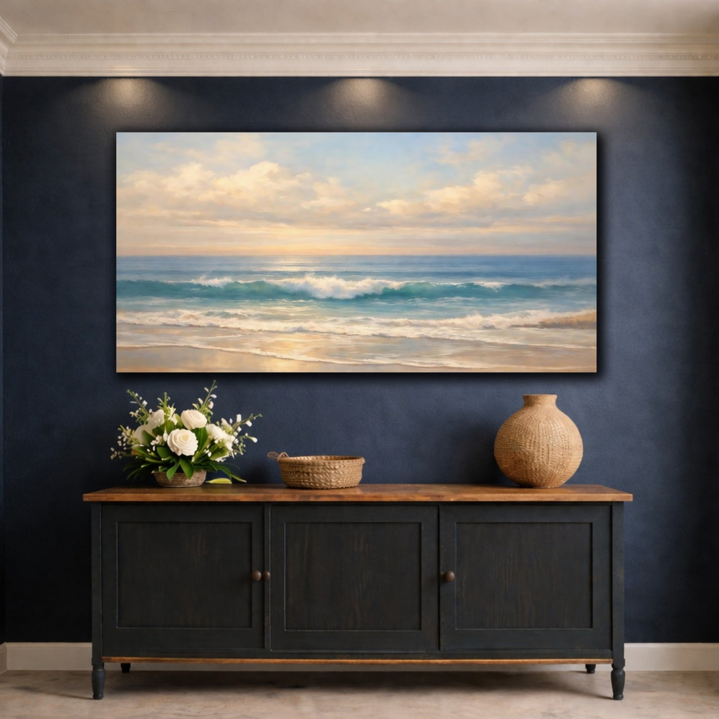 Mockup 4. Nature Ocean Waves Blue Gold Ocean shown as stretched canvas wall art