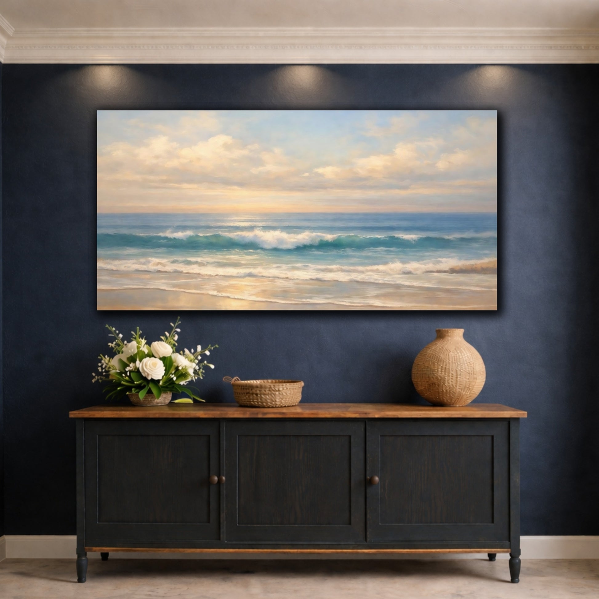 Mockup 4. Nature Ocean Waves Blue Gold Ocean shown as stretched canvas wall art