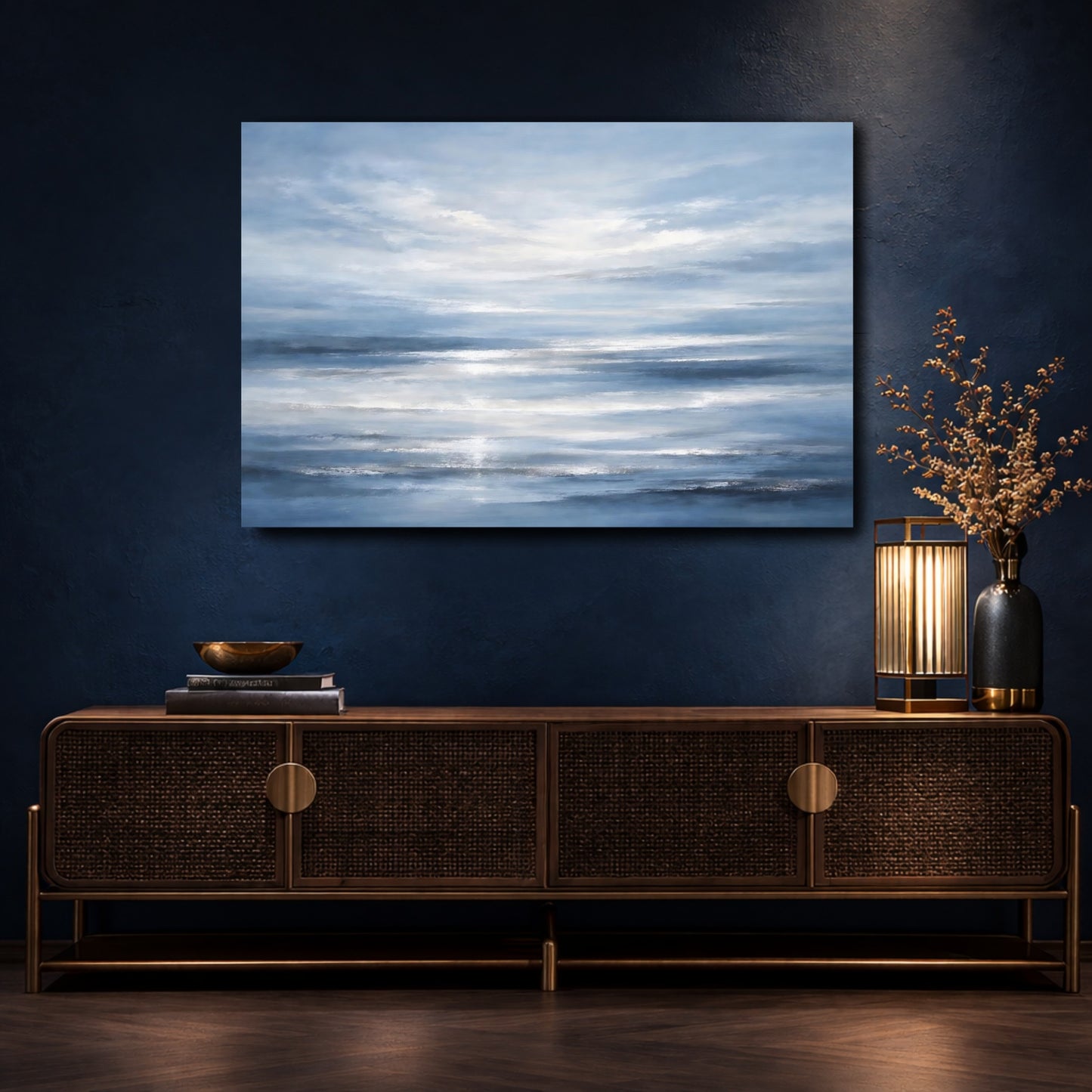Mockup 4. Nature Ocean Waves Blue Ocean Abstract shown as stretched canvas wall art