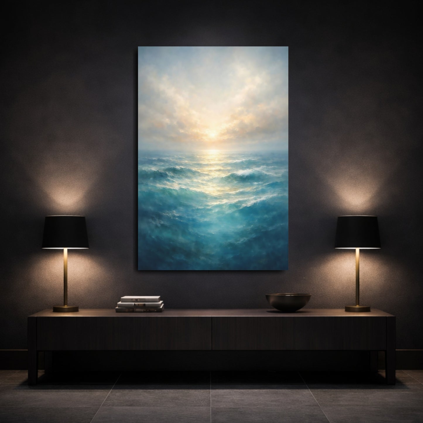 Mockup 2. Nature Ocean Waves Blue Ocean Art shown as stretched canvas wall art