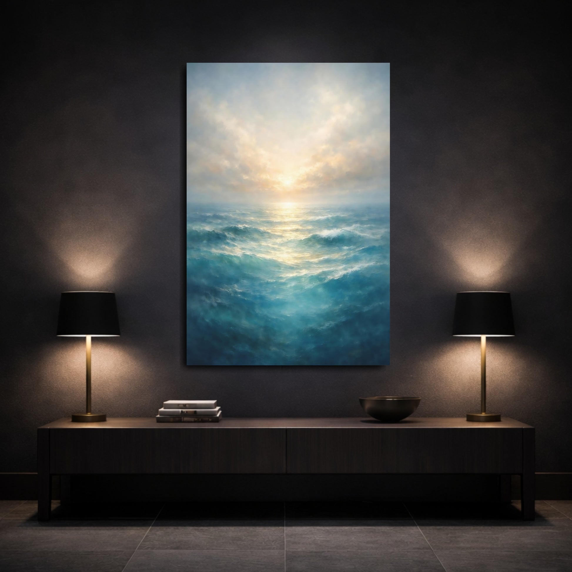 Mockup 2. Nature Ocean Waves Blue Ocean Art shown as stretched canvas wall art