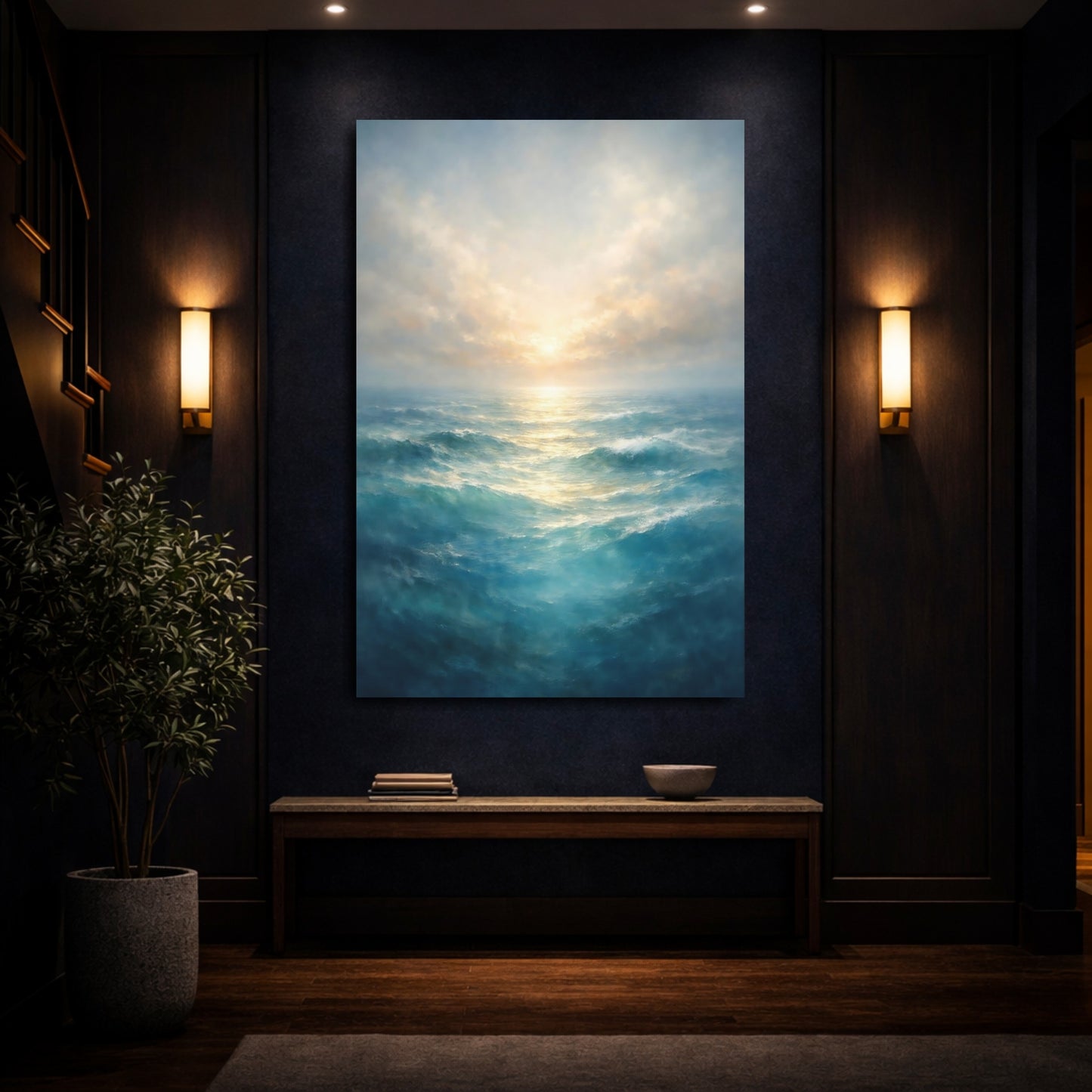 Mockup 3. Nature Ocean Waves Blue Ocean Art shown as stretched canvas wall art