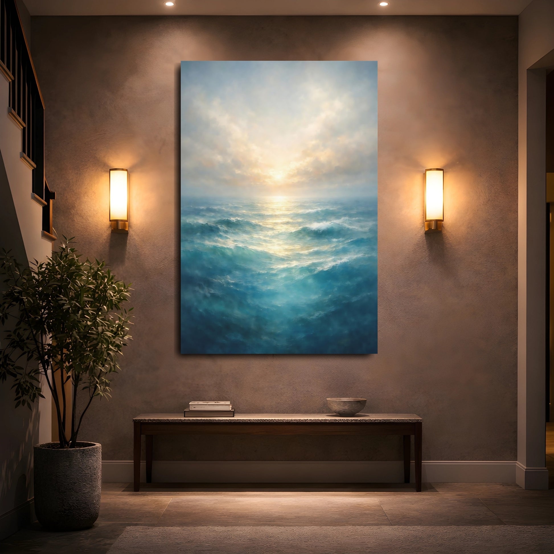 Mockup 4. Nature Ocean Waves Blue Ocean Art shown as stretched canvas wall art