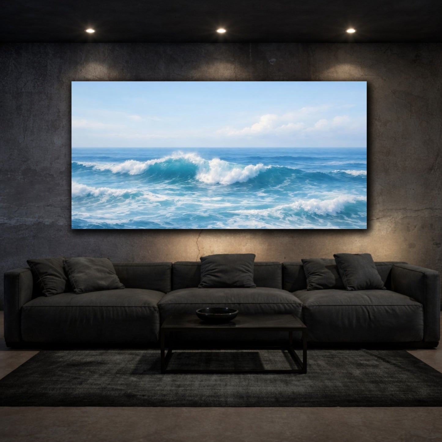Mockup 2. Nature Ocean Waves Blue Ocean shown as stretched canvas wall art
